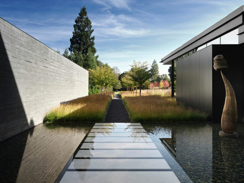 Modern garden path with stone steps over a reflecting pool, flanked by a concrete wall and a dark building. Tall trees and grasses provide natural contrast against the structures.