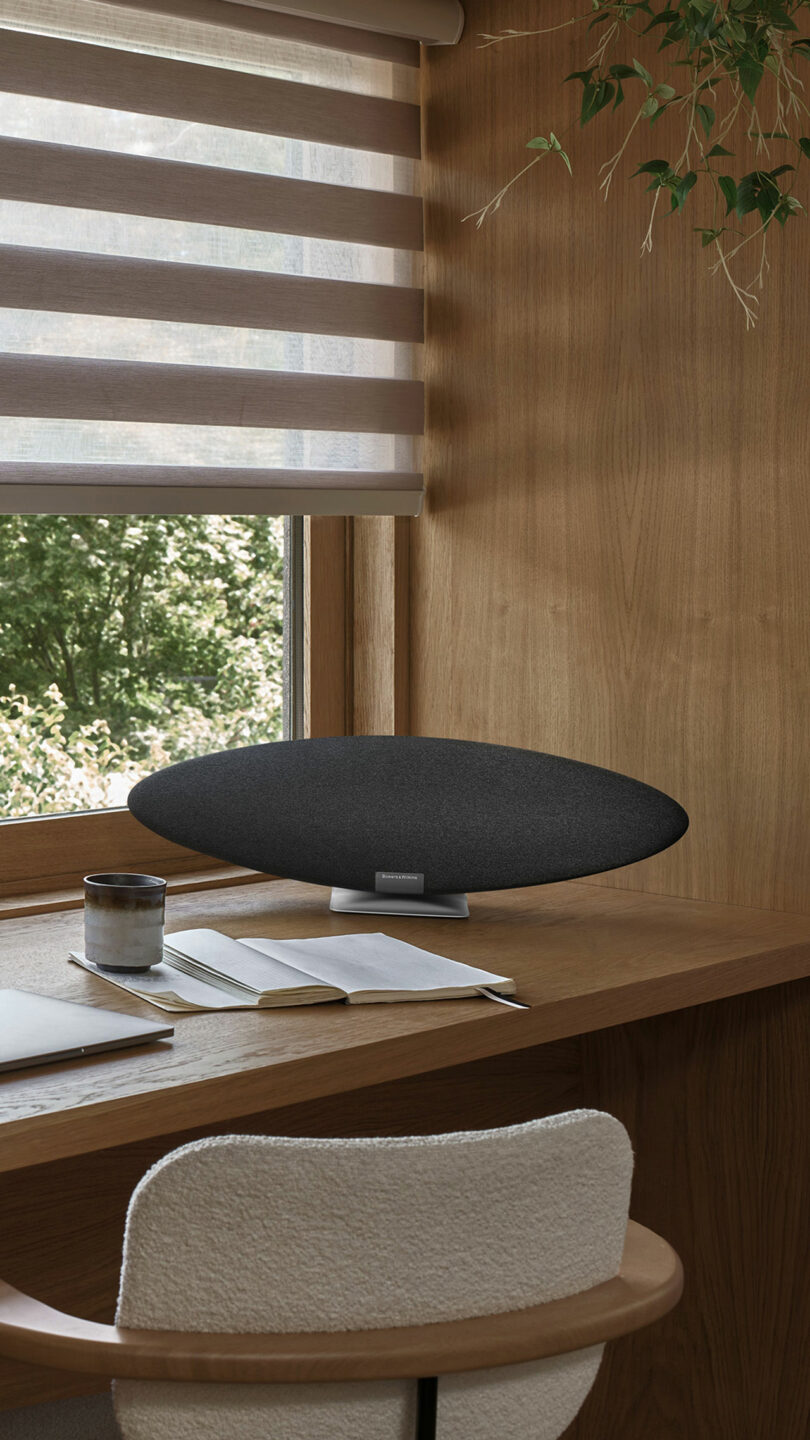 A black, oval-shaped speaker, the Zeppelin Pro Edition, sits on a wooden desk next to a notebook and cup. The desk is near a large window with a view of greenery, while a plant hangs gracefully above the speaker.