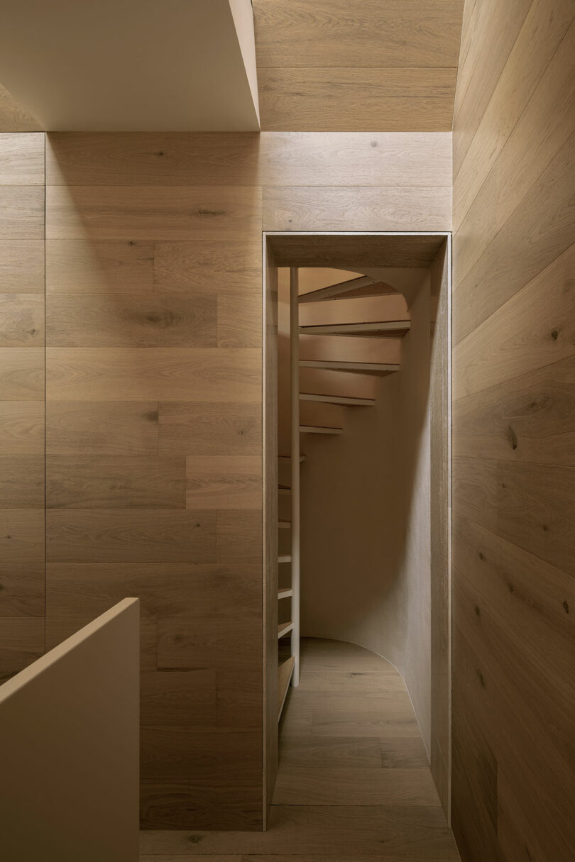 Narrow wooden hallway leading to a spiral staircase with smooth, light-brown paneling.