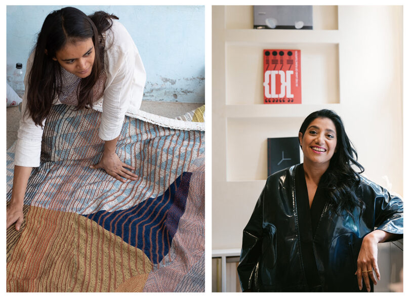 Two women involved in crafting topographies: one arranging a colorful fabric, while the other sits and smiles, dressed in a black outfit.