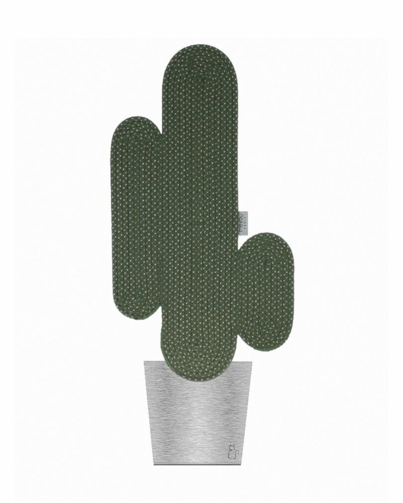 A wall-mounted cat scratcher in the shape of a green cactus made from rope with a silver metal pot