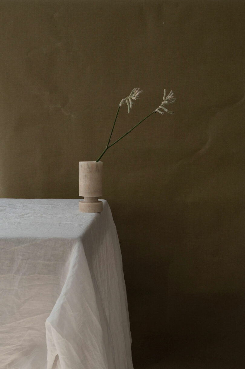 A simple vase with two white flowers sits on a table draped with a white cloth against a muted olive green background.