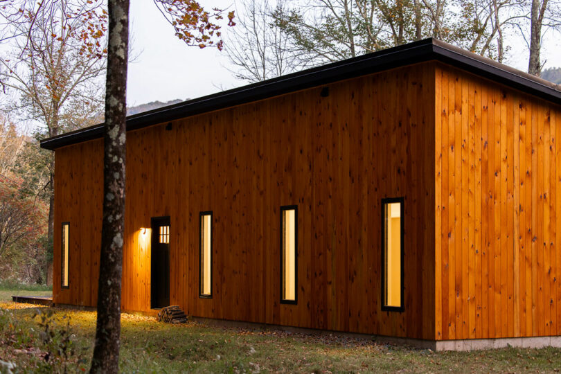 A modern wooden building with narrow windows, surrounded by trees and grass, under an overcast sky.