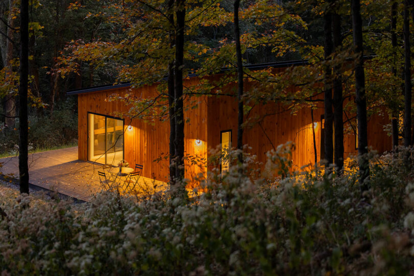 A cozy wooden cabin with glowing lights sits in a forest surrounded by trees and soft foliage.