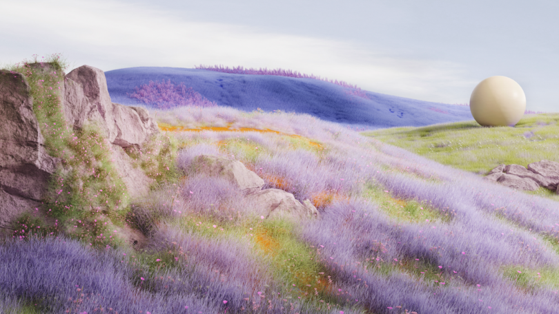 A surreal landscape with lavender hills, rocky outcrops, and a large, smooth, spherical object on a grassy field under a cloudy sky