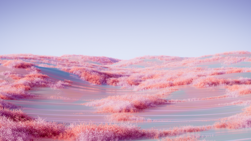 A pastel landscape featuring undulating hills covered in pink and lavender foliage under a clear sky