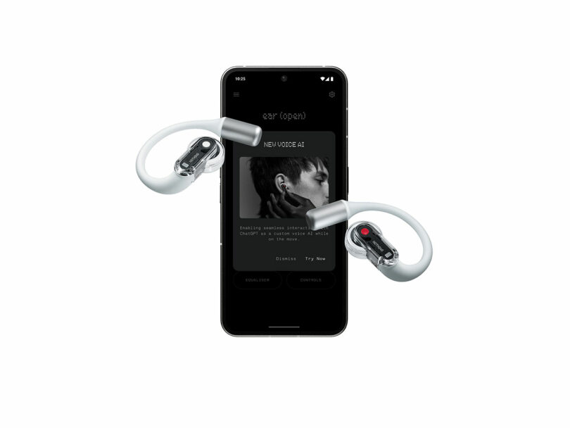 A smartphone with Nothing Ear (open) earphones showcases an interface for new voice AI settings, complemented by an image of a person comfortably wearing the sleek earphones.