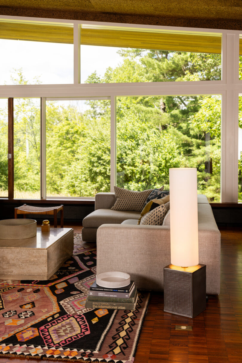 A modern living room with a large window, grey sofa, patterned rug, marble coffee table, floor lamp, and books stacked on a small side table. Greenery is visible outside the window