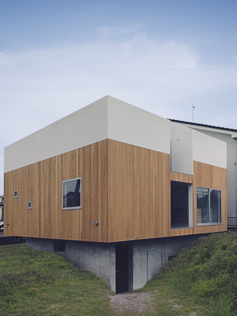 Modern two-toned house with a wooden lower half and white upper half, elevated on a concrete base, surrounded by grass.