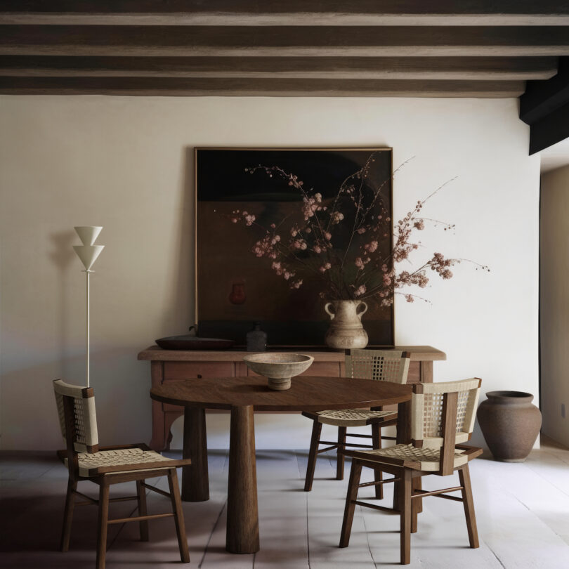 A minimalist dining area with a wooden table, three chairs, a sideboard, a large framed artwork, and a vase with flowers