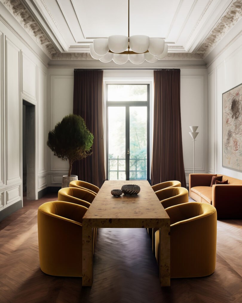 A luxurious dining room with a long table, six cushioned chairs, a sofa, large windows with brown curtains, a painting, and a plant, under an elegant ceiling light