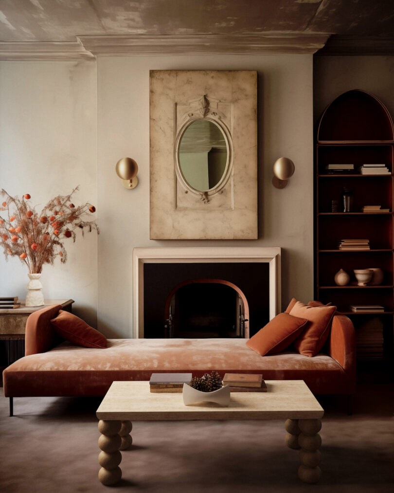 A stylish living room with a velvet chaise lounge, a modern coffee table, a decorative fireplace, an oval mirror above, and dried floral arrangements