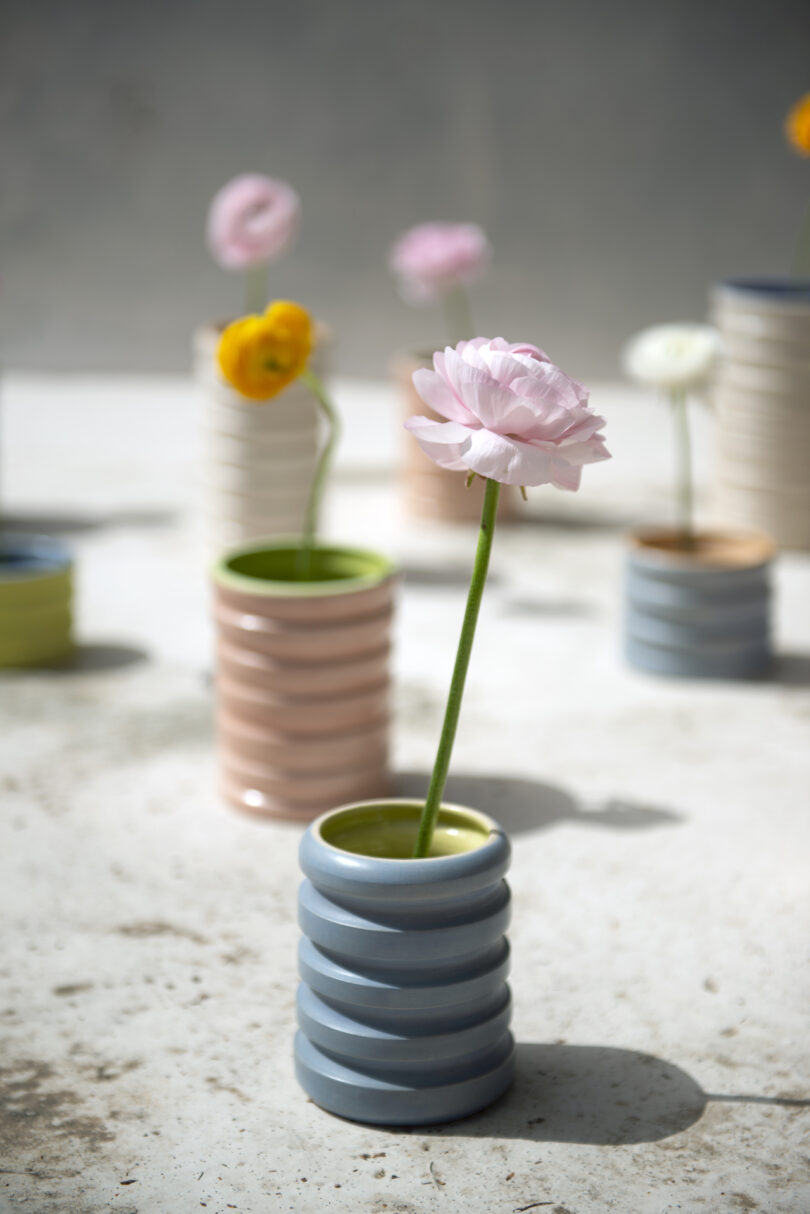 Soft-colored flowers in modern, ribbed ceramic vases, arranged on a light surface with scattered shadows