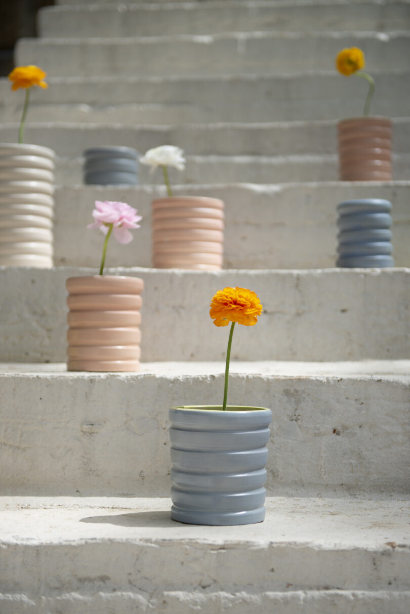 Colorful flowers in ribbed ceramic vases are arranged on concrete stairs, each vase containing a single bloom