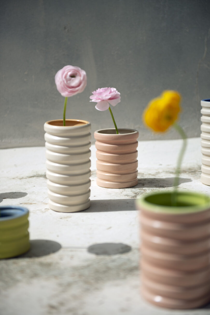 Three spiral-patterned vases in pastel colors, each holding a single flower. The scene is sunlit with shadows on a light surface