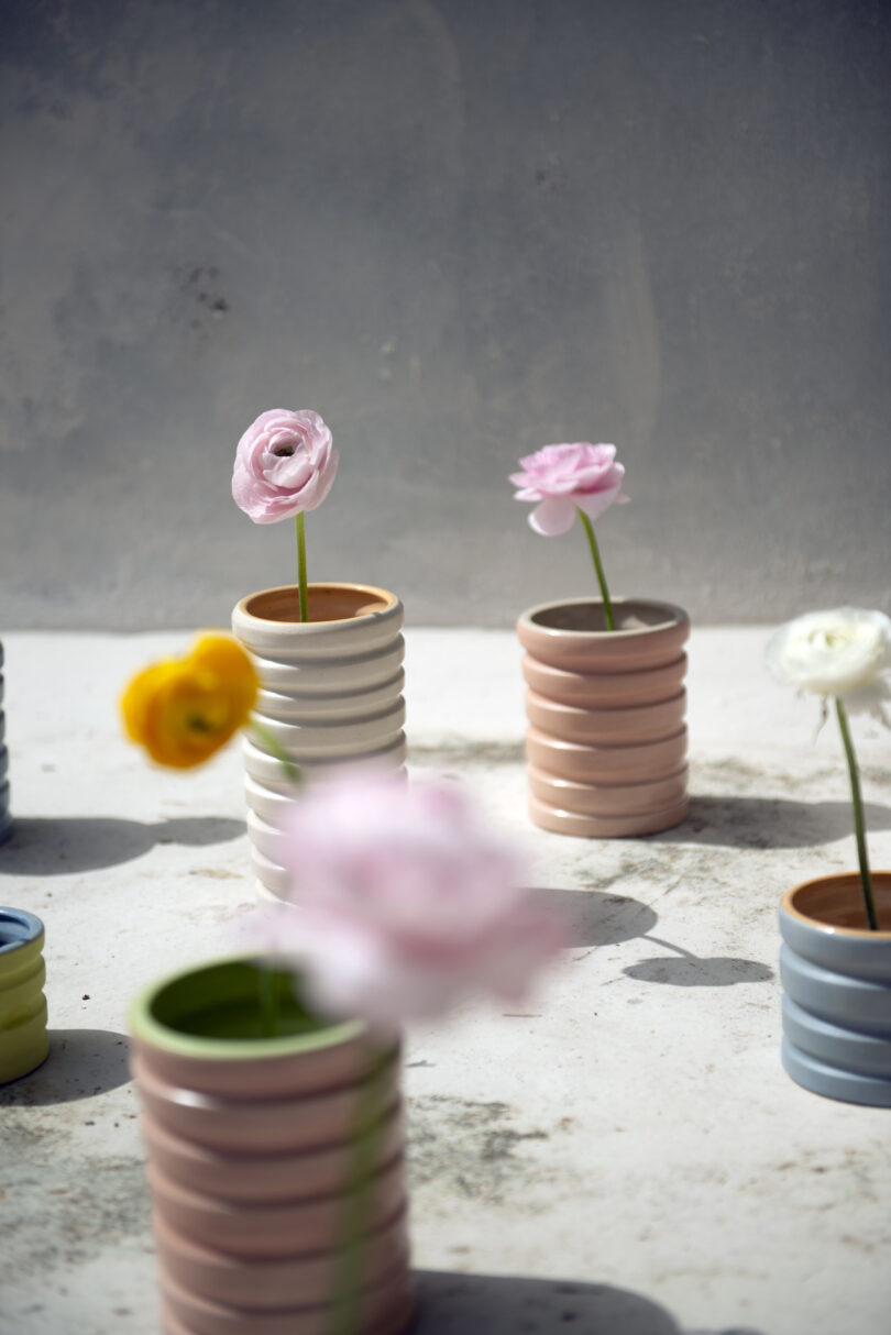 Colorful flowers in ribbed ceramic vases placed on a sunlit surface