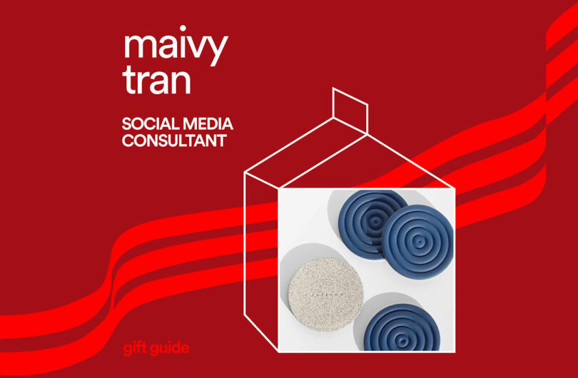 Graphic with the text "Maivy Tran, Social Media Consultant" on a red background, featuring geometric shapes and blue circular patterns, curated like modern gift guides.