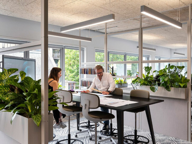 Two people sit at a modern office table with documents. The room has large windows, plants, and ceiling lights.