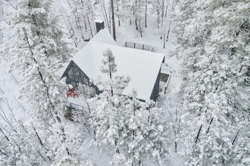 Aerial view of a snow-covered cabin surrounded by tall pine trees in a forest.