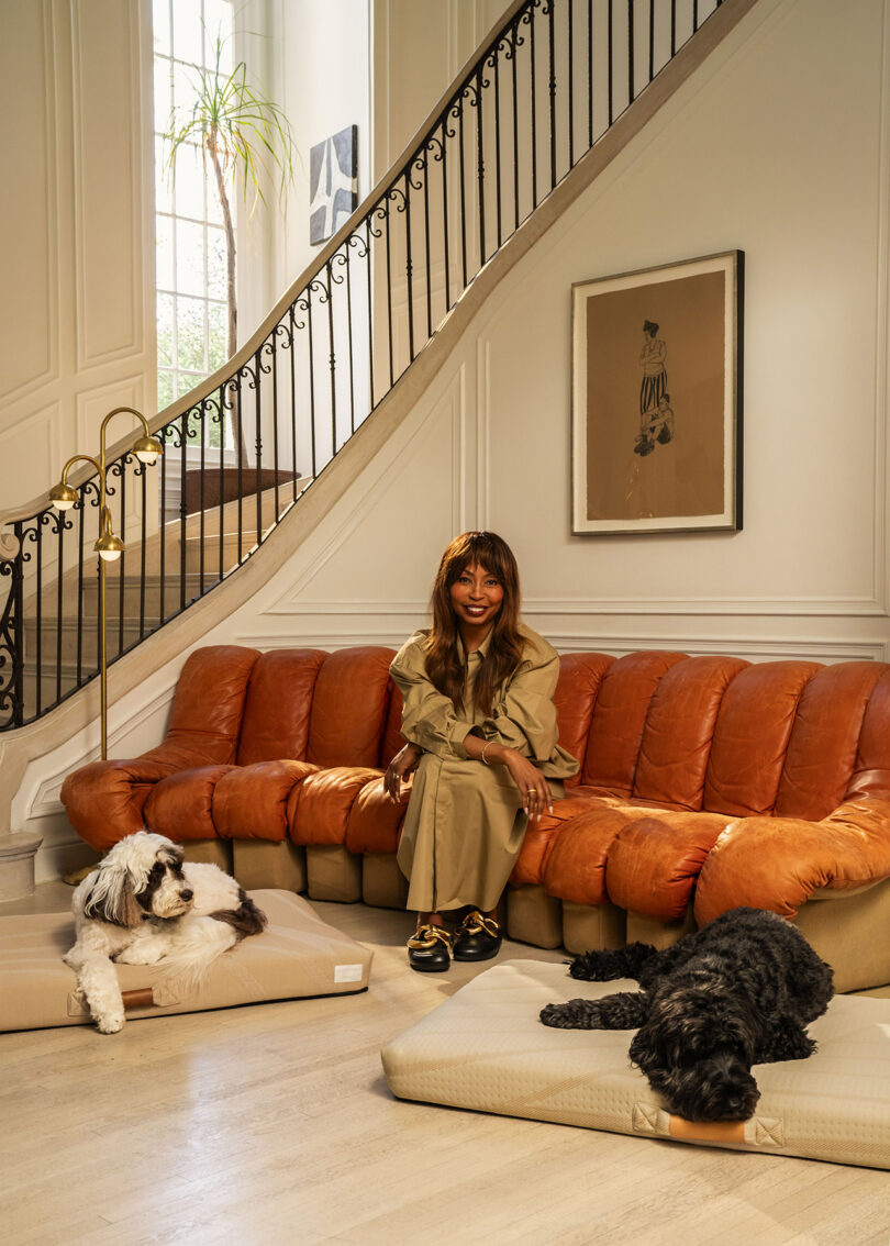 A person sits on a brown sofa with two dogs resting on mats in front, next to a staircase in a well-lit room.