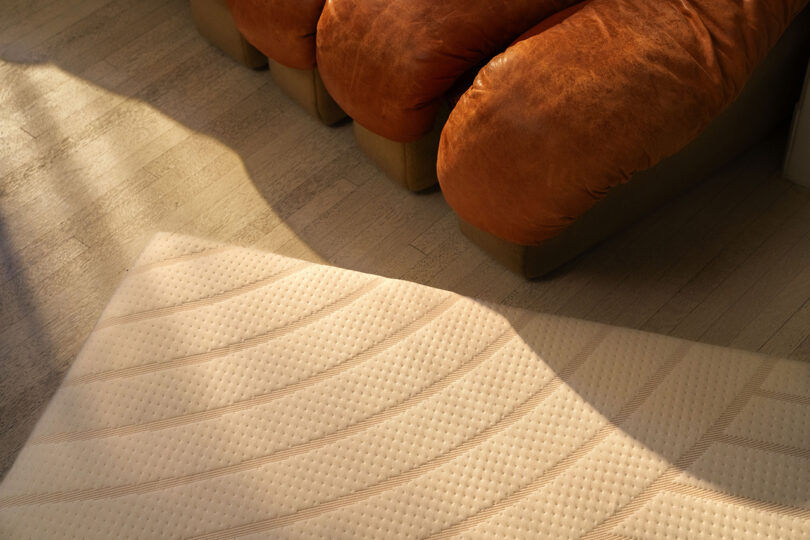 Sunlight casts shadows on a textured cream rug next to a brown leather sofa on a wooden floor.