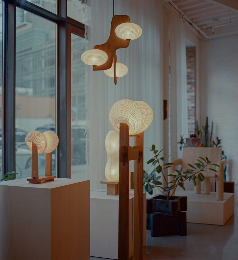 A room with large windows features modern wooden lamps with paper shades, surrounded by indoor plants and minimalistic decor.