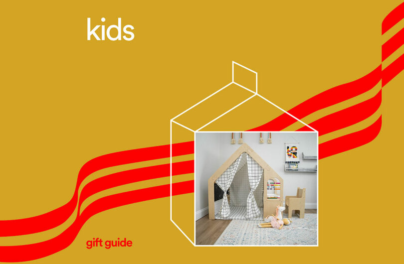 Explore our delightful gift guide for kids, showcasing a charming playhouse, cozy chair, and an array of stuffed toys on a vibrant carpet with a cheerful yellow and red design.