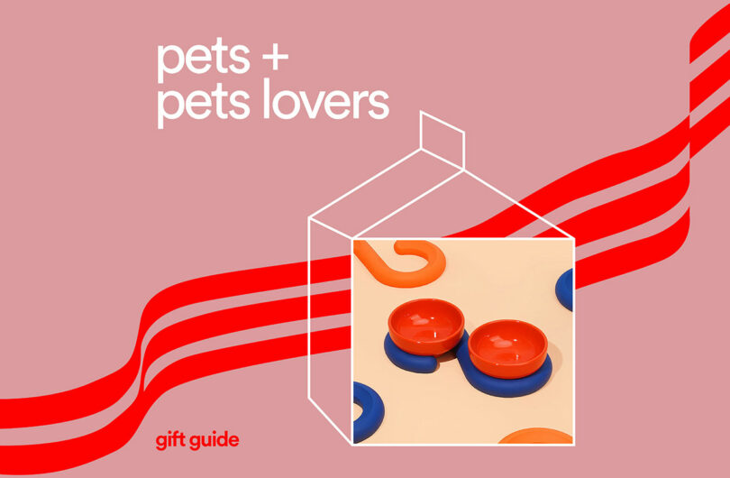 Decorative graphic featuring a gift box, orange and blue pet bowls, and text "pets + pets lovers" on a pink background with red stripes. Perfect for those seeking gift guides for their furry friends.