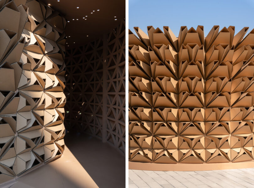 Cardboard structure with geometric patterns, shown from the inside (left) and outside (right), under a clear blue sky.