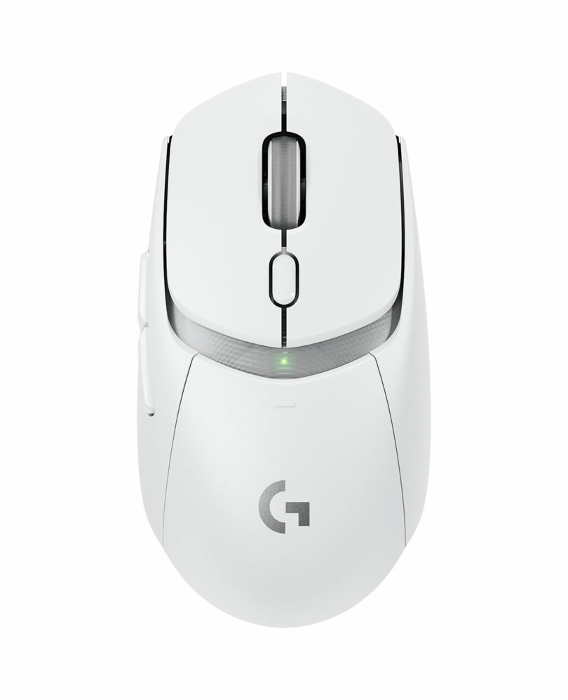 A white wireless computer mouse designed by Giulio Barresi features a scroll wheel, a DPI button, and a glowing green indicator light.