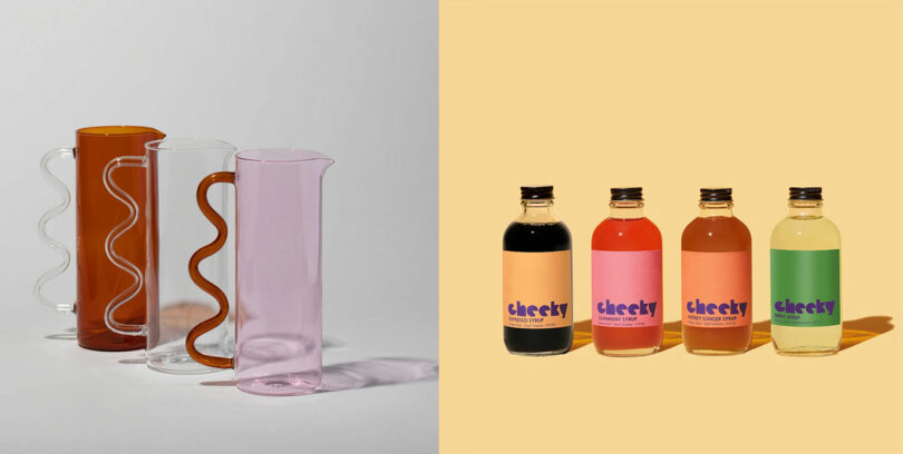 Three glass pitchers with wavy handles on the left; four colorful beverage bottles labeled "cheeky" on the right, set against split backgrounds of grey and yellow.