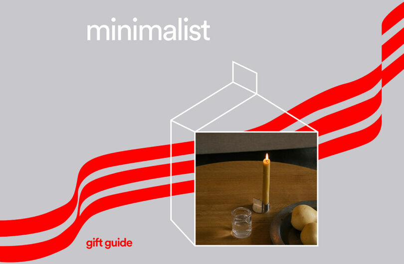 Minimalist gift guide cover with an image of a lit candle beside a small glass and pears on a wooden table, enhanced by red geometric lines—perfect for those who cherish simple elegance in their gift guides.