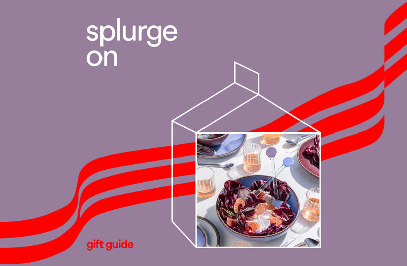 A table setting with a bowl of salad and drinks, featuring red stripes and the text "splurge on" against a purple background with a gift box outline, perfect for those seeking inspiration from gift guides.