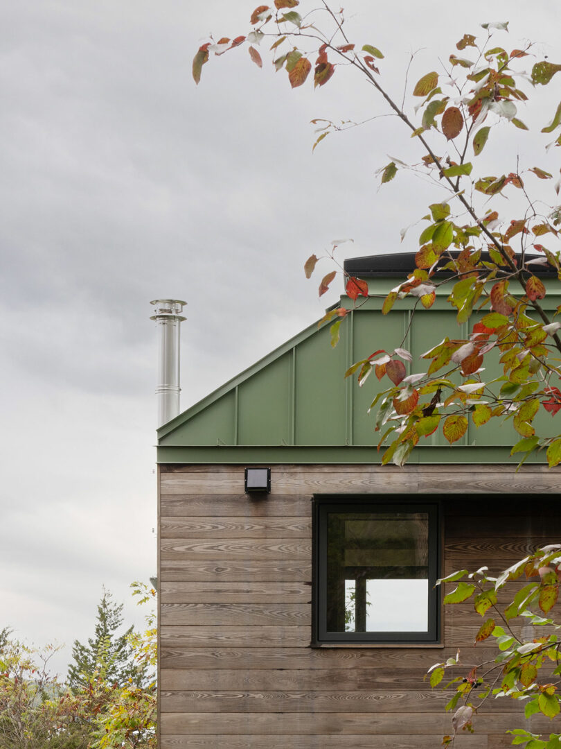 A modern wooden cabin with a green metal roof, a chimney, and a window, surrounded by tree branches with red and green leaves under a cloudy sky.