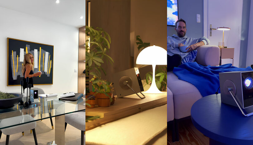 Three-panel image showcasing a woman speaking in a modern office, an LG lamp surrounded by lush plants on a desk, and a man relaxing on a couch next to an LG projector.