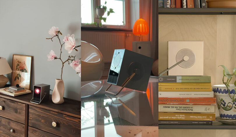 Three images of stylish home interiors feature elegant LG speakers on shelves and tables, surrounded by books, a vase with flowers, and decorative elements.