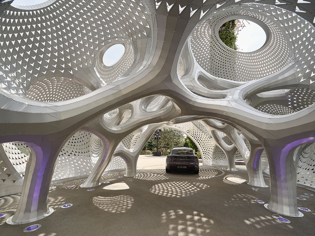 A Geometric Pavilion for Porsche Made of 6,380 Aluminum Strips