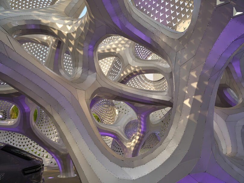 Futuristic architectural structure with curving, interwoven metal beams and triangular cutouts, illuminated by soft purple and yellow lighting.