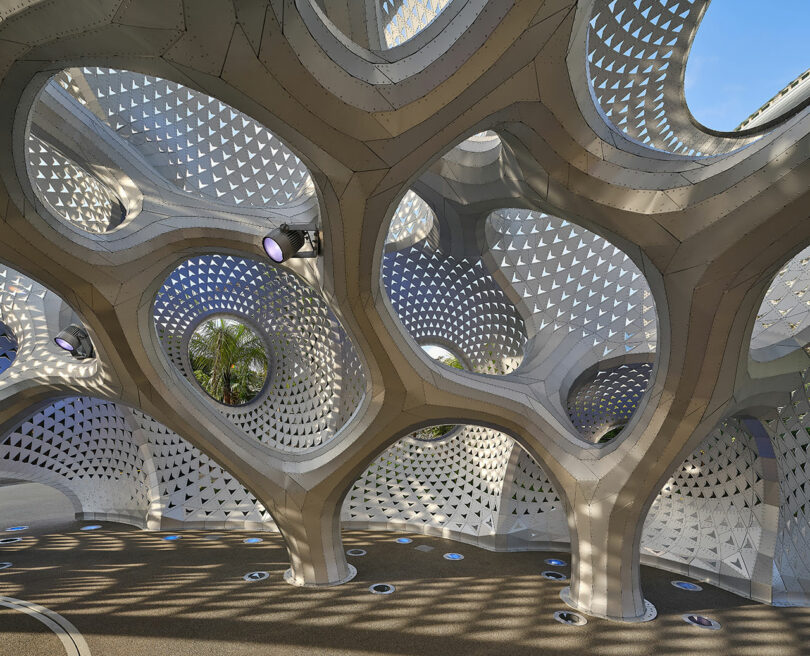 Intricate structural art piece with geometric patterns, circular cutouts, and sunlight filtering through. Curved support beams create a lattice-like framework.