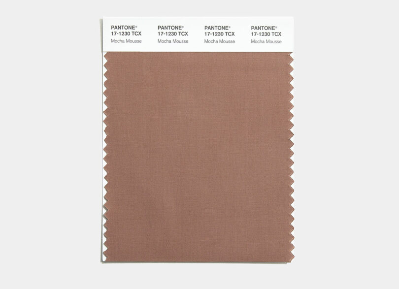 The Pantone color swatch labeled 17-1230 TCX reveals the rich, warm hue of Mocha Mousse, featuring a brown fabric sample with a distinctive zigzag edge.