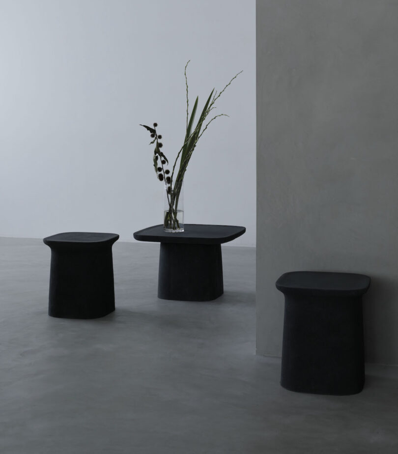 Minimalist room with two black stools and a black table. A vase with tall green plants is on the table. Walls and floor are gray