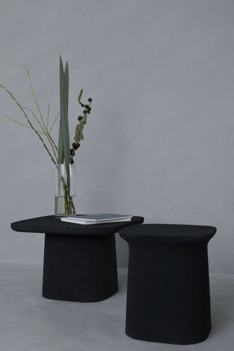 Minimalist scene with a black rectangular table and matching stool. A clear vase with tall green foliage and a white-framed book rests on the table against a gray wall background