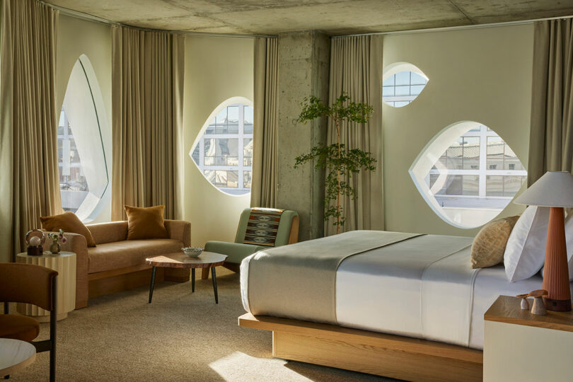 A modern hotel room featuring a double bed, a sofa, and a small table with unique oval windows resembling the leaves of a tree. Neutral colors and minimalistic decor complete the space, creating a serene getaway.