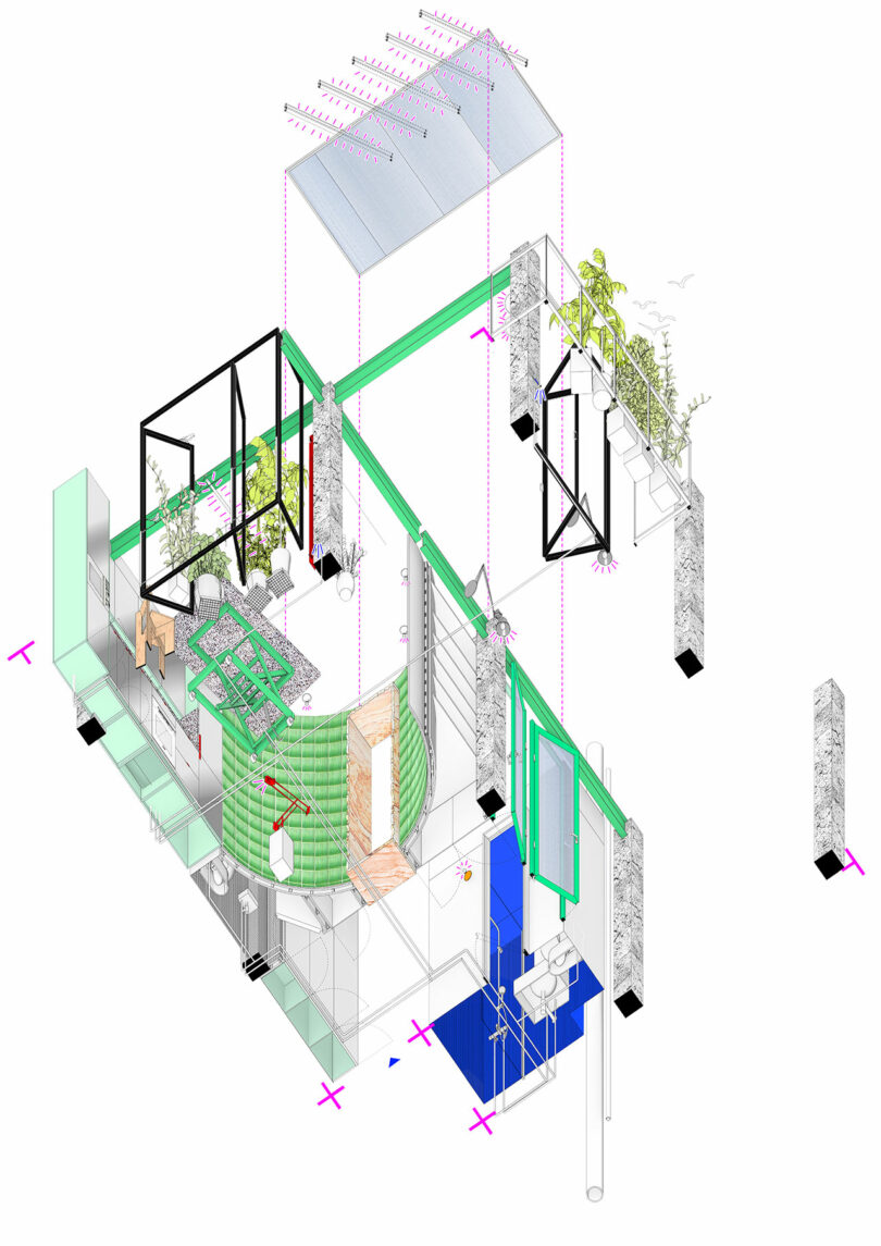 Schéma architectural isométrique d'une structure de jardin avec des accents verts, mettant en valeur des plantes, un toit translucide et divers éléments de construction.