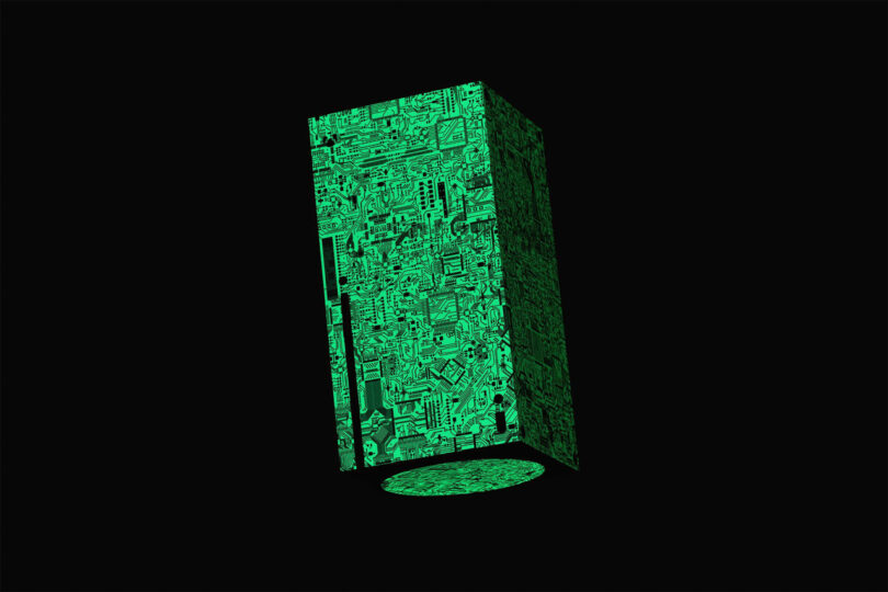 A futuristic, glowing green rectangle with intricate circuitry patterns floats in a black void.