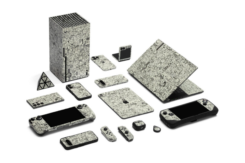 A collection of electronic devices, including a PC tower, laptops, phones, and gaming controllers, all featuring a detailed black and white doodle design.