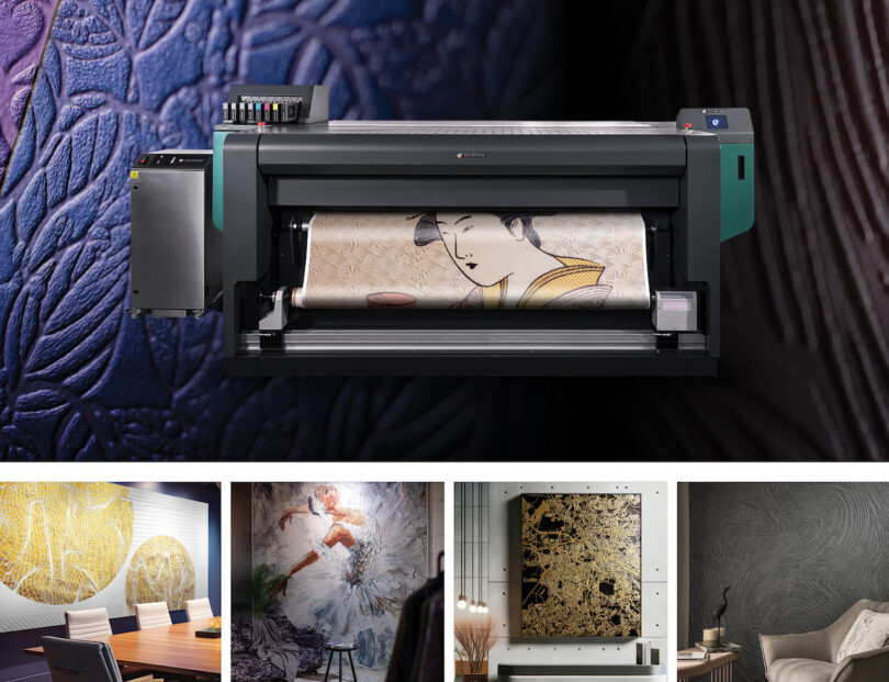 A large printer displays a detailed artwork. Below are four images showcasing printed art used as wall decor in different settings, including a conference room and a modern living room