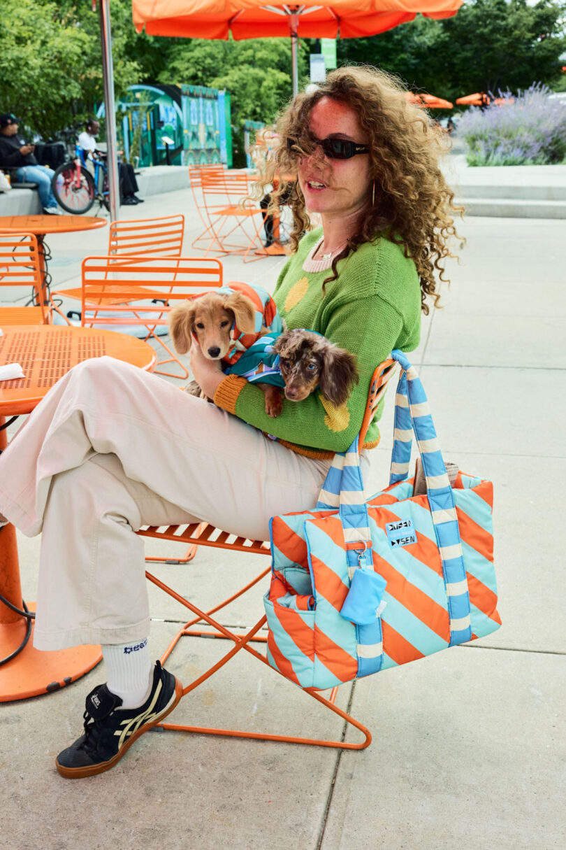 Person sitting at an outdoor table holding two small dogs and a striped bag on their lap