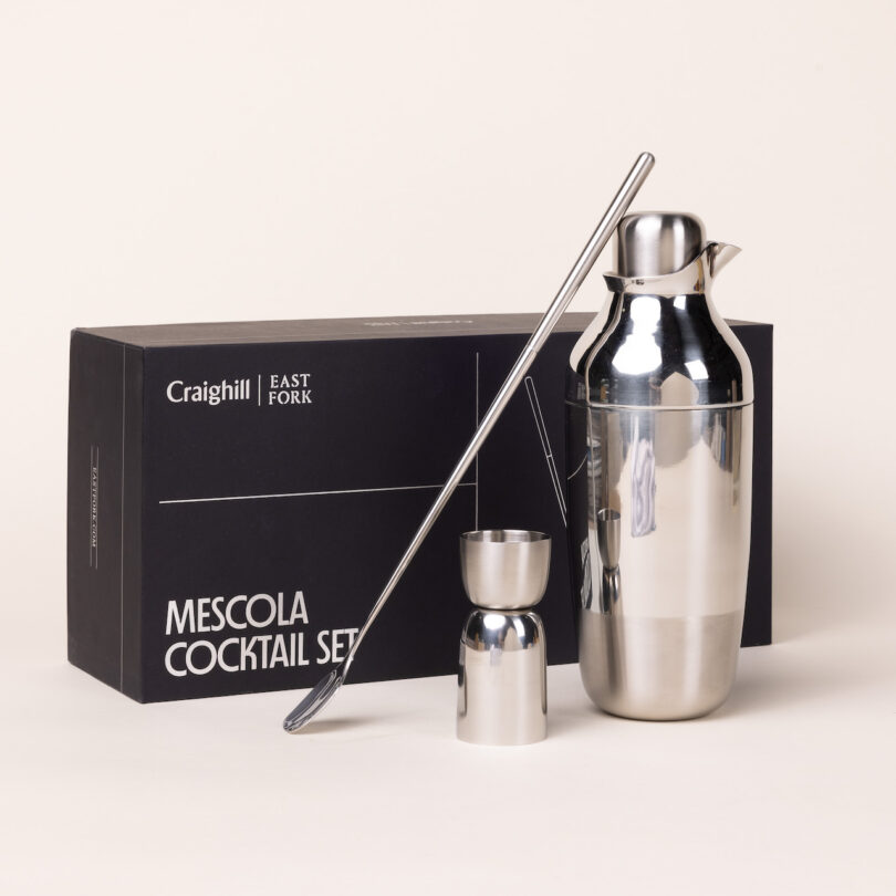 Mescola cocktail set includes a shaker, jigger, stirring stick, and box with branding