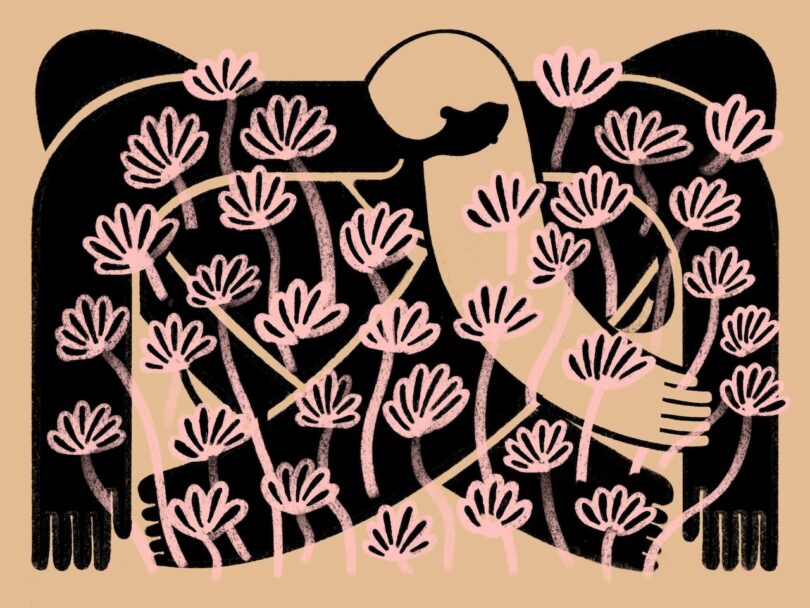 Illustration of an abstract figure intertwined with pink flowers on a beige background